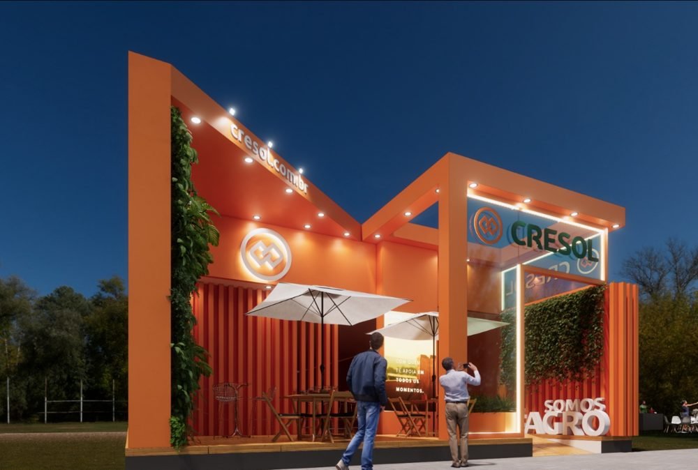 Stand Cresol — fachada iluminada com letreiro cresol.com.br